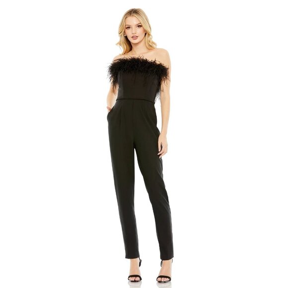 NWT Mac Duggal Strapless Feathered Crepe Jumpsuit Black 2 #A0561 - Picture 1 of 7